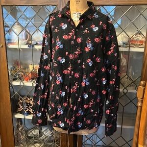 Express Black Floral Dress Shirt with Red and Blue Flowers
